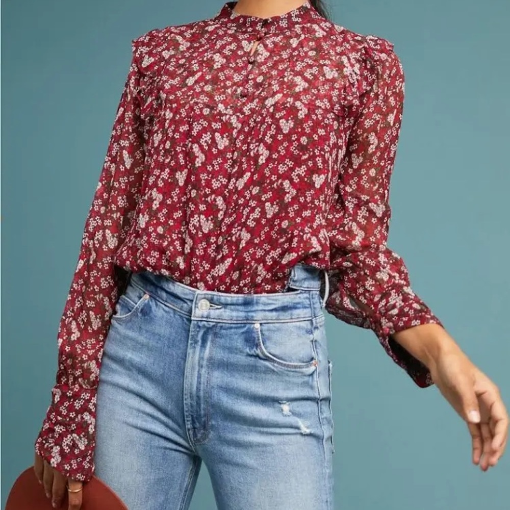 Anthropologie Lenon Victorian Floral Blouse M Balloon Puff Sleeves High Neck